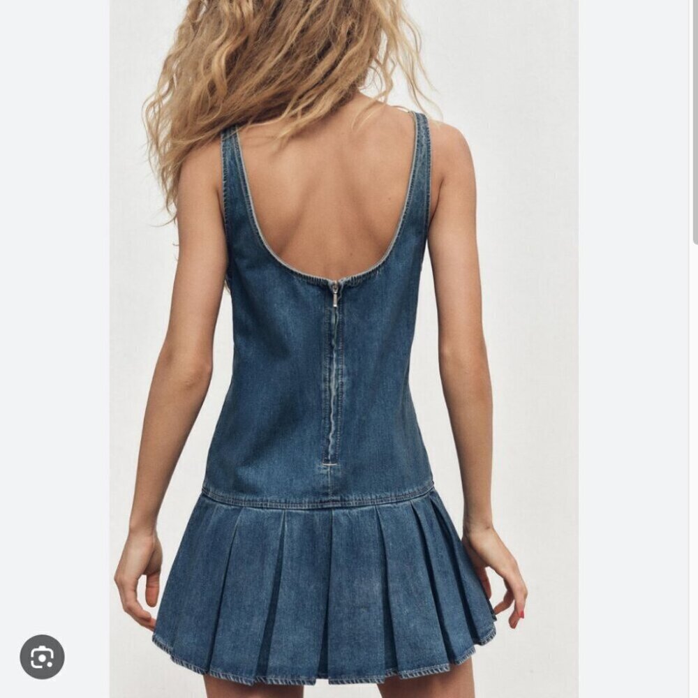 Zara Denim Box Pleat Dress NWOT Blue Size Large - Picture 2 of 7